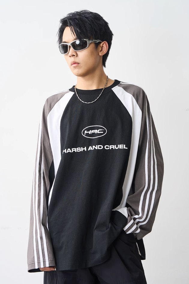 Harsh and Cruel Retro Striped Logo Color Block Long Sleeve Tee