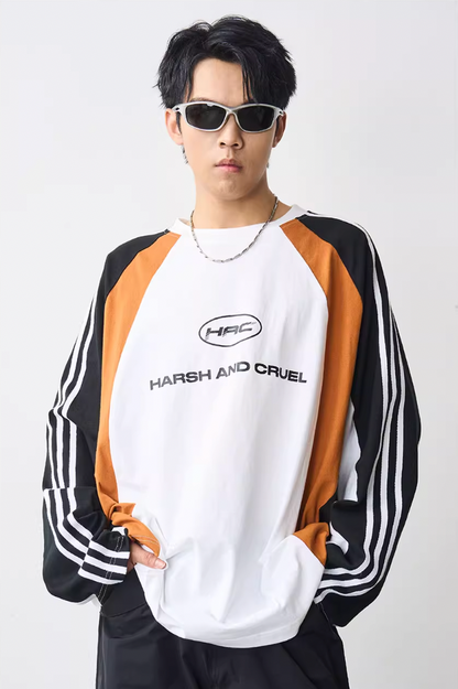 Harsh and Cruel Retro Striped Logo Color Block Long Sleeve Tee