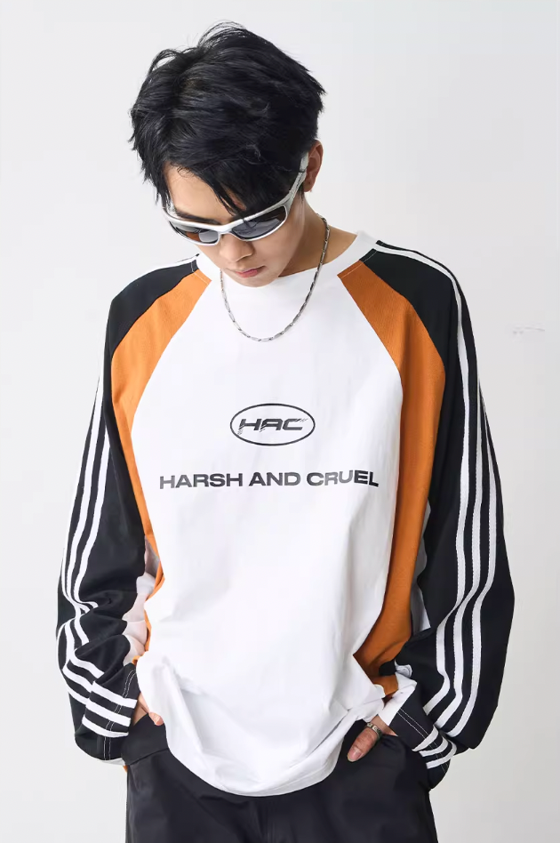 Harsh and Cruel Retro Striped Logo Color Block Long Sleeve Tee