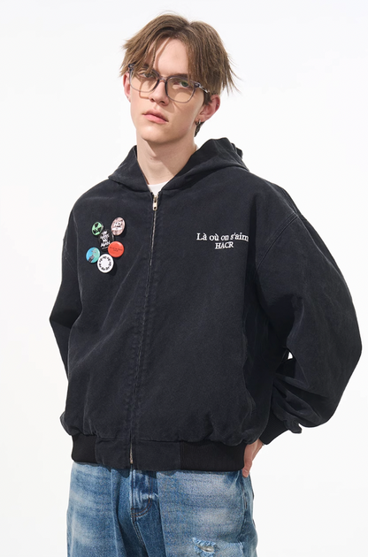 Harsh and Cruel Retro Pins Washed Hooded Jacket