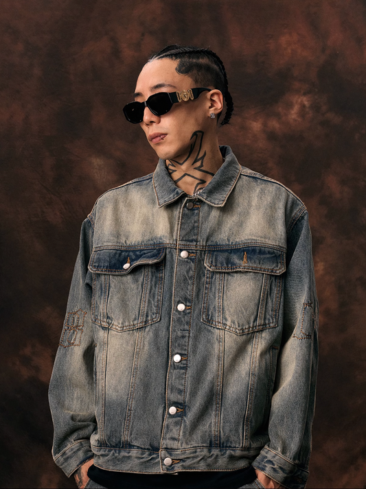 1807 Gothic Font Embroidered Vintage Denim Jacket