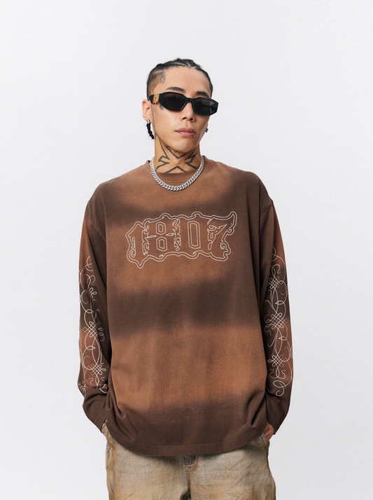 1807 Floral Font Printed Distressed Long Sleeve Tee