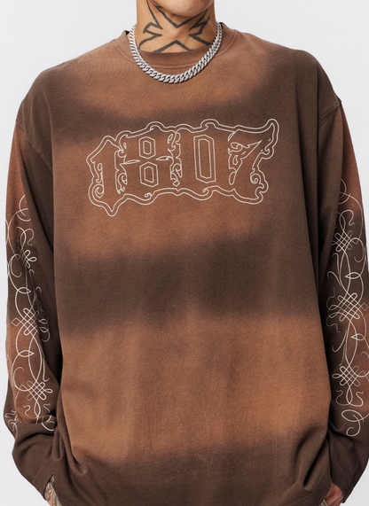 1807 Floral Font Printed Distressed Long Sleeve Tee