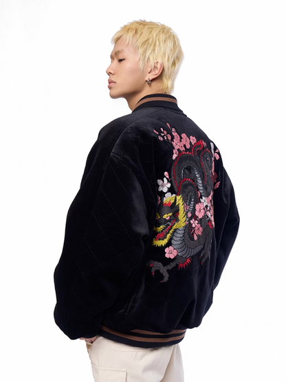 AFGK Dragon Embroidery Velvet Quilted Souvenir Jacket