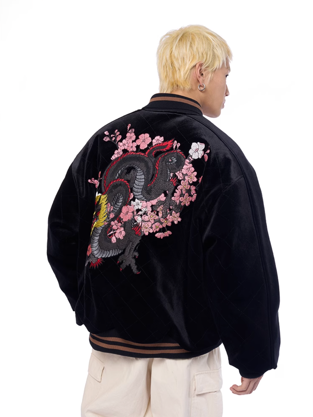 AFGK Dragon Embroidery Velvet Quilted Souvenir Jacket