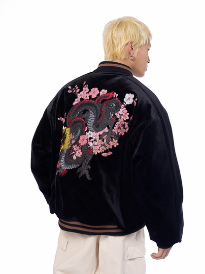 AFGK Dragon Embroidery Velvet Quilted Souvenir Jacket