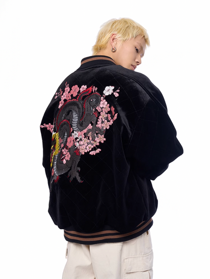 AFGK Dragon Embroidery Velvet Quilted Souvenir Jacket