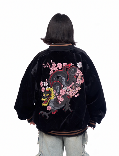 AFGK Dragon Embroidery Velvet Quilted Souvenir Jacket