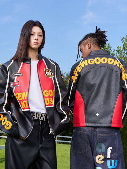 AFGK Badge Stitching Leather Racing Jacket