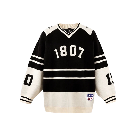 1807 Black & White Striped Hockey Jersey Knit Sweater