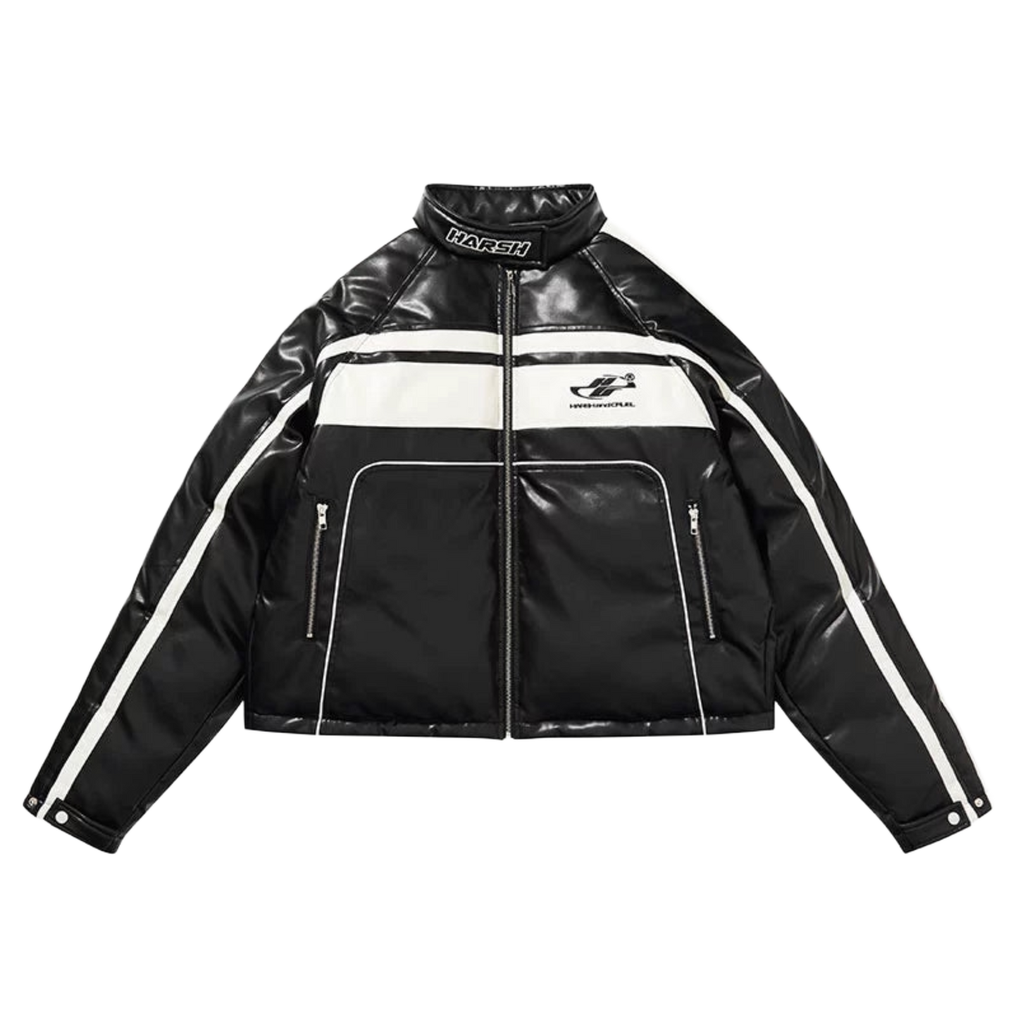 Harsh and Cruel Deconstructed Stitched Racing Leather Down Jacket