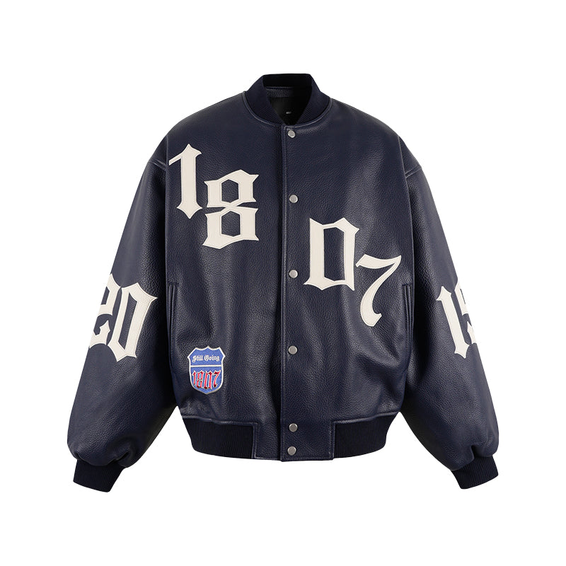 1807 3D Embroidery Quilted Leather Varsity Jacket