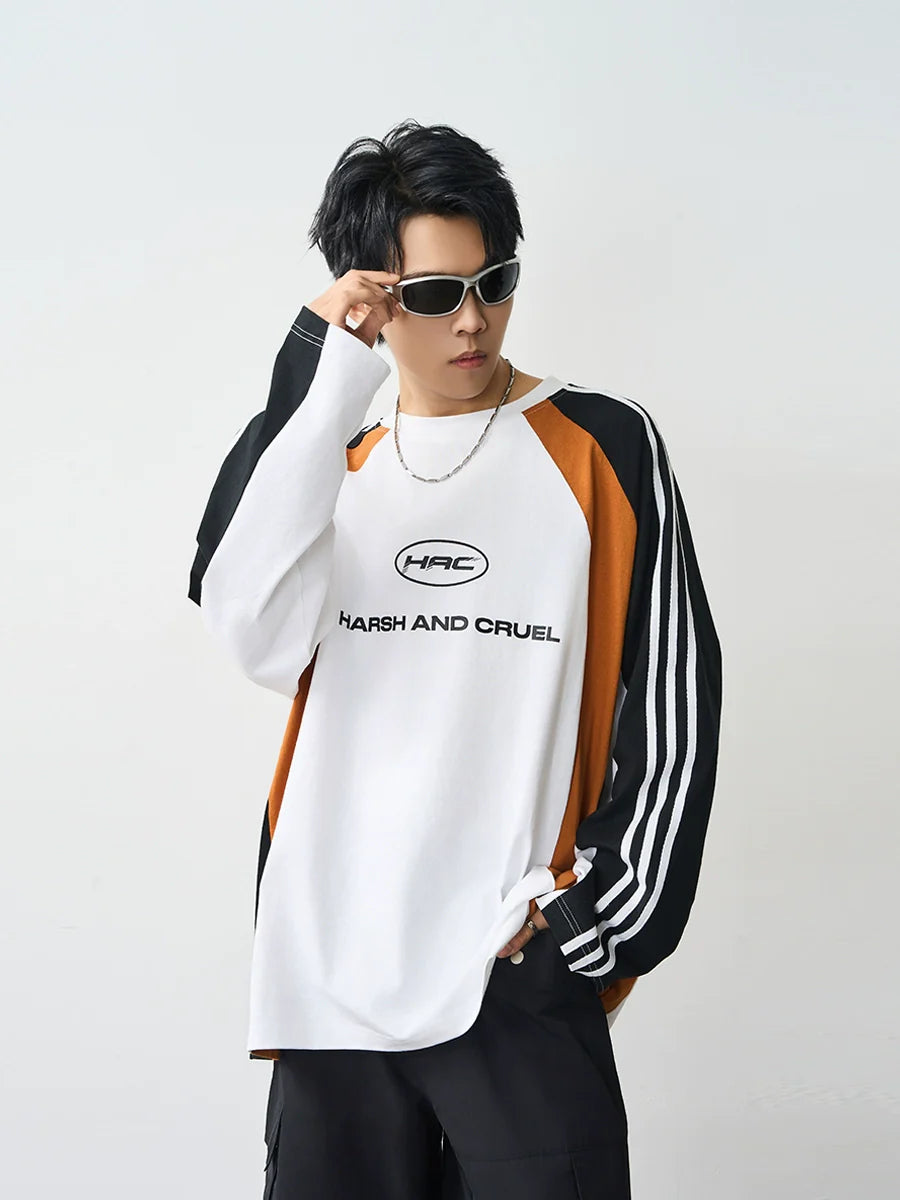 Harsh and Cruel Retro Striped Logo Color Block Long Sleeve Tee