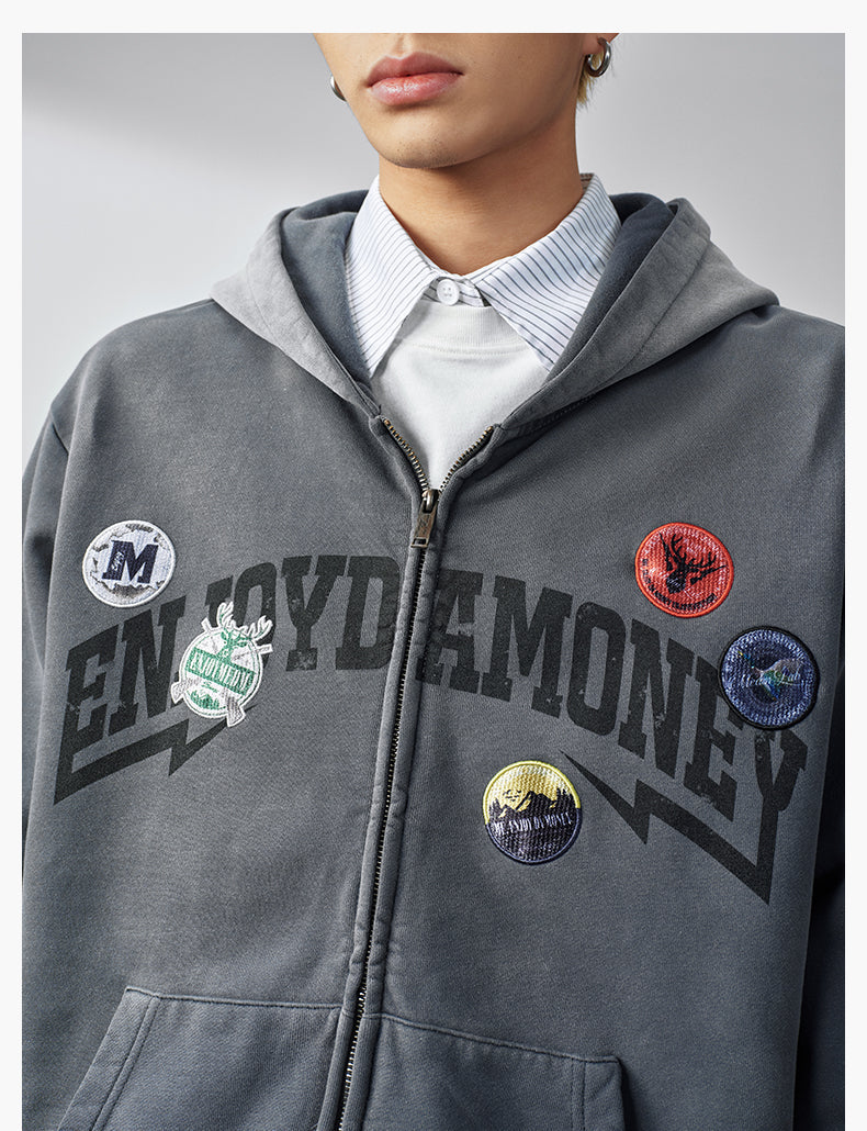 MEDM Gradient Washed Logo Print Embroidered Patch Zip-Up Hoodie