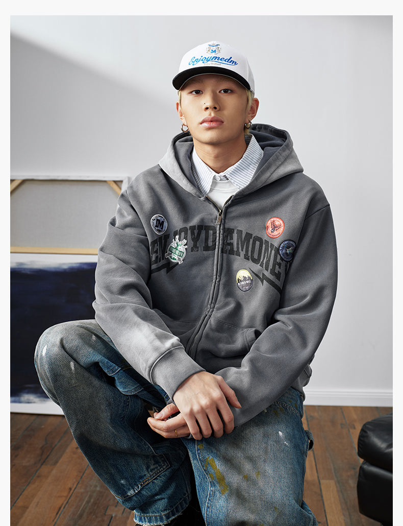 MEDM Gradient Washed Logo Print Embroidered Patch Zip-Up Hoodie