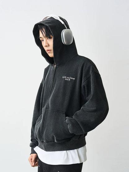 Harsh and Cruel Washed Embroidered Logo Zip Up Hoodie