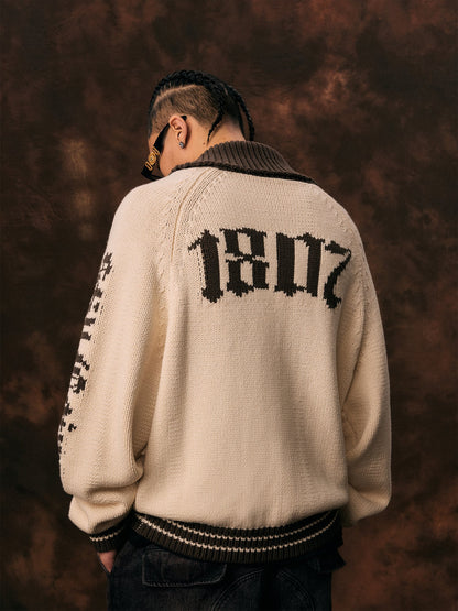 1807 Gothic Font Embroidery Zip Up Cowichan Cardigan