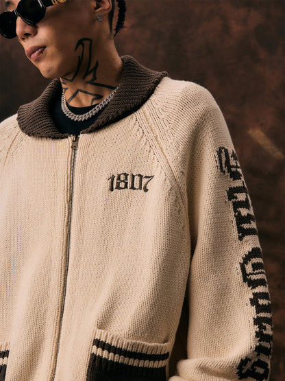 1807 Gothic Font Embroidery Zip Up Cowichan Cardigan