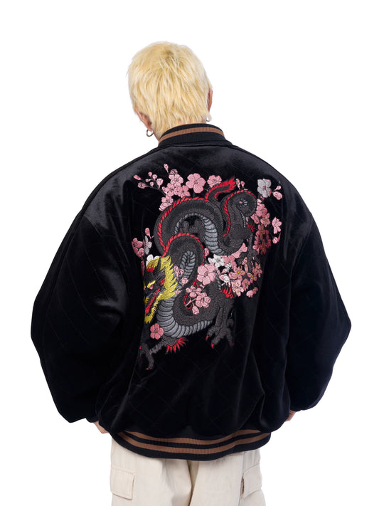 AFGK Dragon Embroidery Velvet Quilted Souvenir Jacket