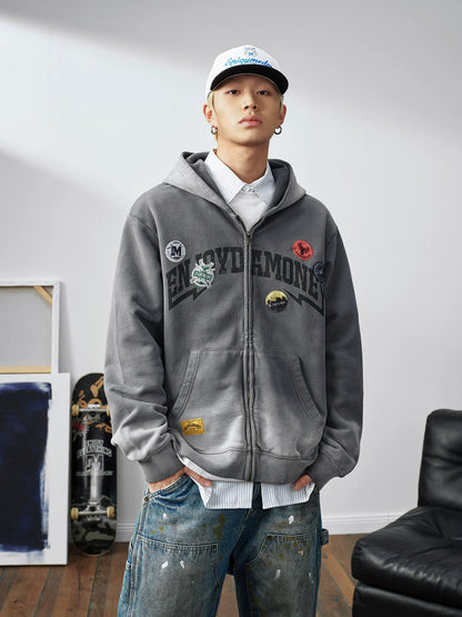 MEDM Gradient Washed Logo Print Embroidered Patch Zip-Up Hoodie