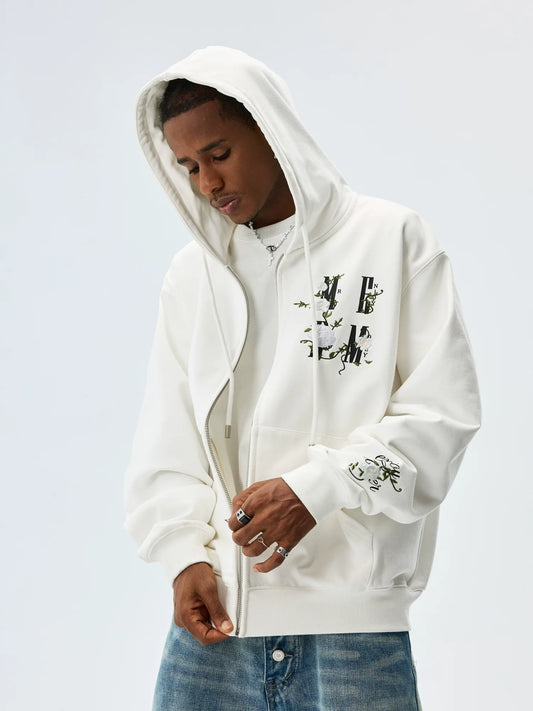 MEDM Flower Logo Embroidered Zip-Up Hoodie