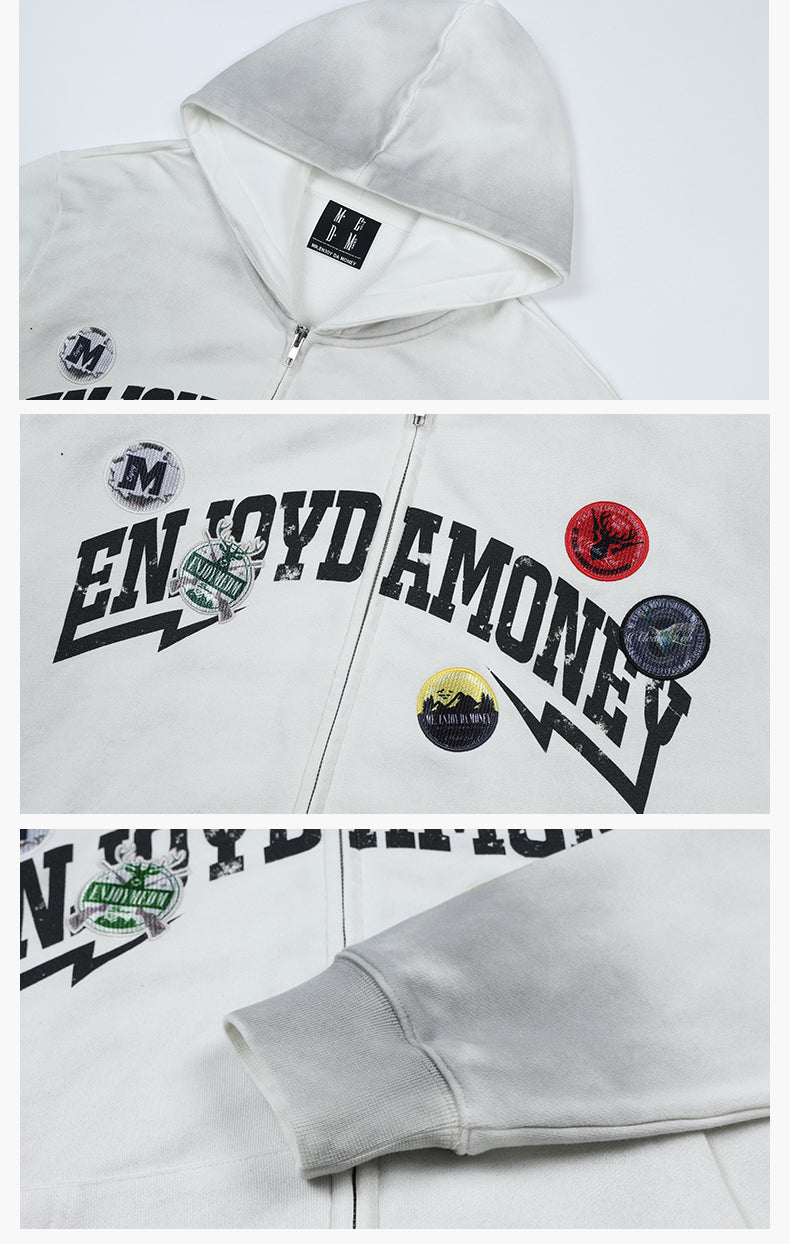 MEDM Gradient Washed Logo Print Embroidered Patch Zip-Up Hoodie